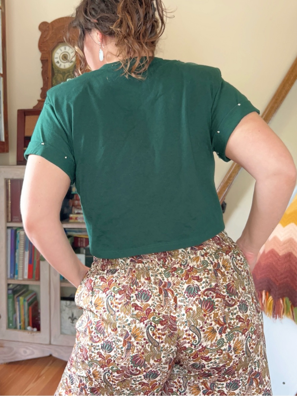 Vintage 80s Green Suede Fringe Top Cropped Aztec Tapestry Studded Western - Picture 5 of 11